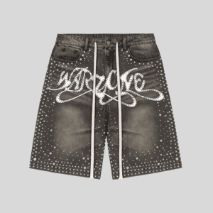 Wholesale Rhinestone Script Drawstring Denim Shorts – Custom Streetwear Shorts OEM/ODM