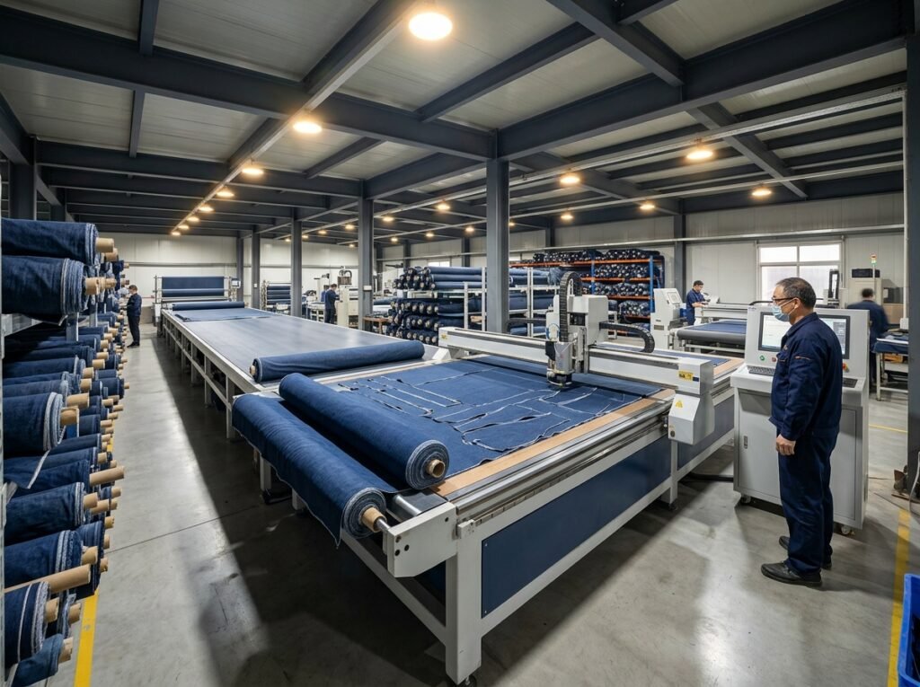 worker supervising denim cutting… 202608192222