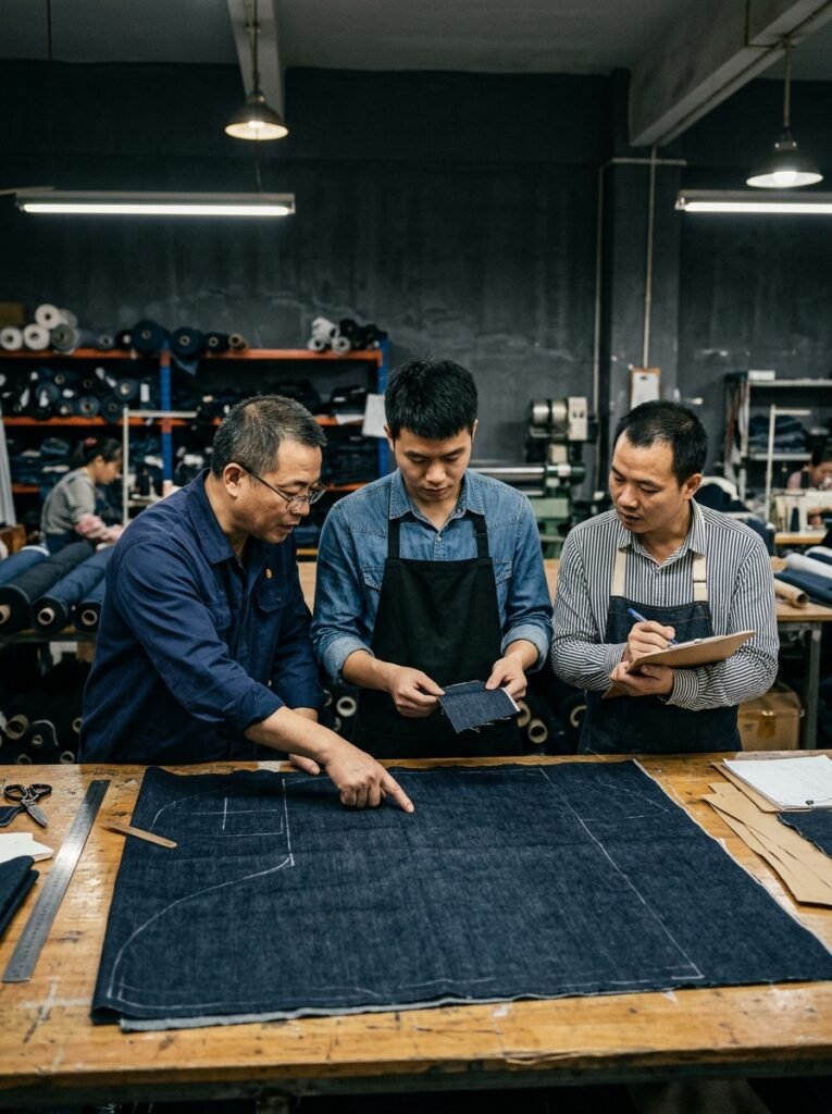 workers examining indigo denim f… 202608192331
