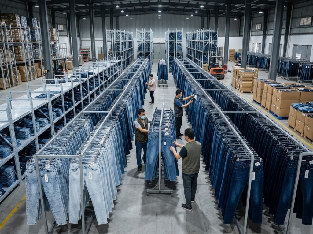 workers organizing jeans in ware… 202608192226