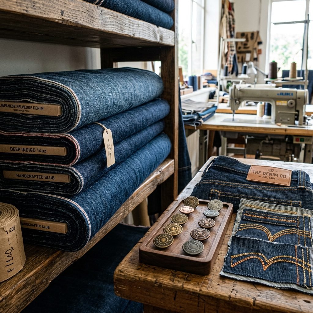 Rolls of high-definition denim fabric, or exquisite metal buttons; detailed stitching images.