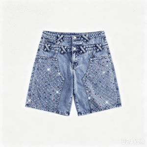 Wholesale Multi-Color Rhinestone Double-Waistband Denim Shorts – Custom Streetwear Bermuda Shorts OEM/ODM