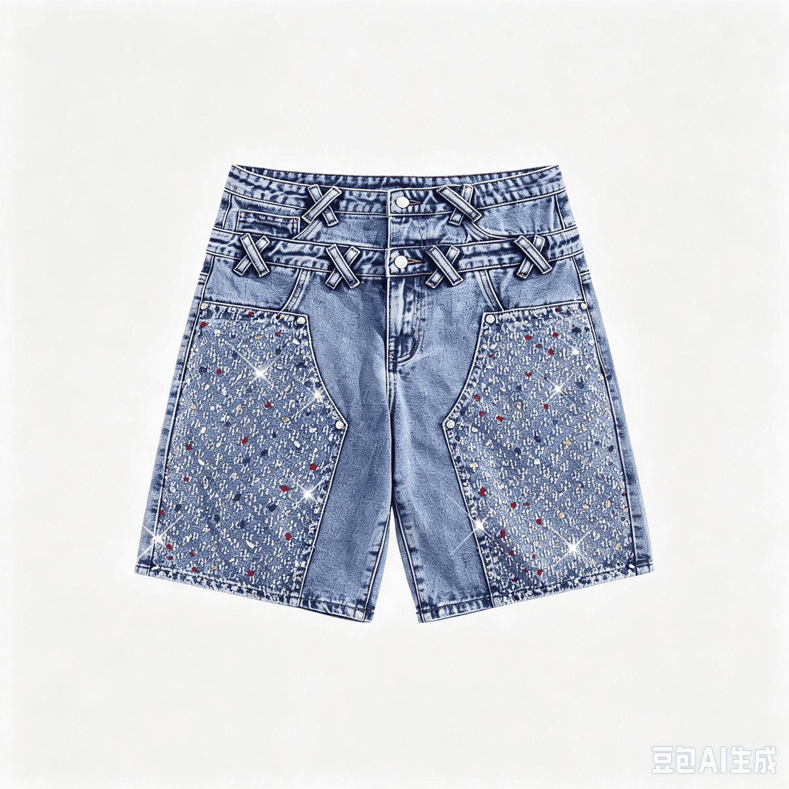 wholesale-multi-color-rhinestone-double-waistband-denim-shorts-custom-streetwear-bermuda-shorts-oem-odm