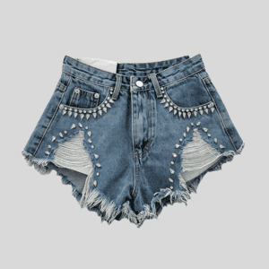 Wholesale Rhinestone-Trimmed Distressed Denim Shorts – Custom Streetwear Shorts OEM/ODM