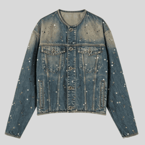 Wholesale Rhinestone-Studded Collarless Denim Jacket – Custom Streetwear Outerwear OEM/ODM
