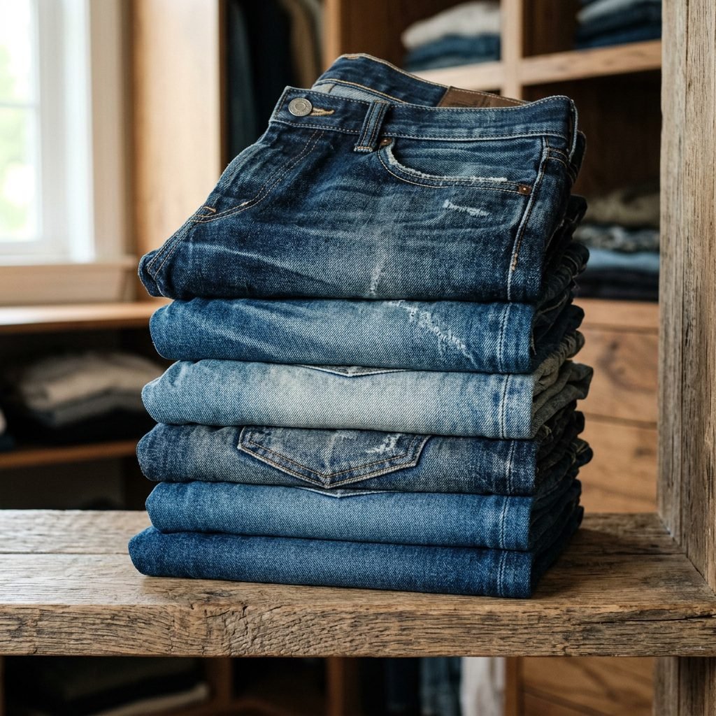 Several neatly folded jeans with a good wash effect