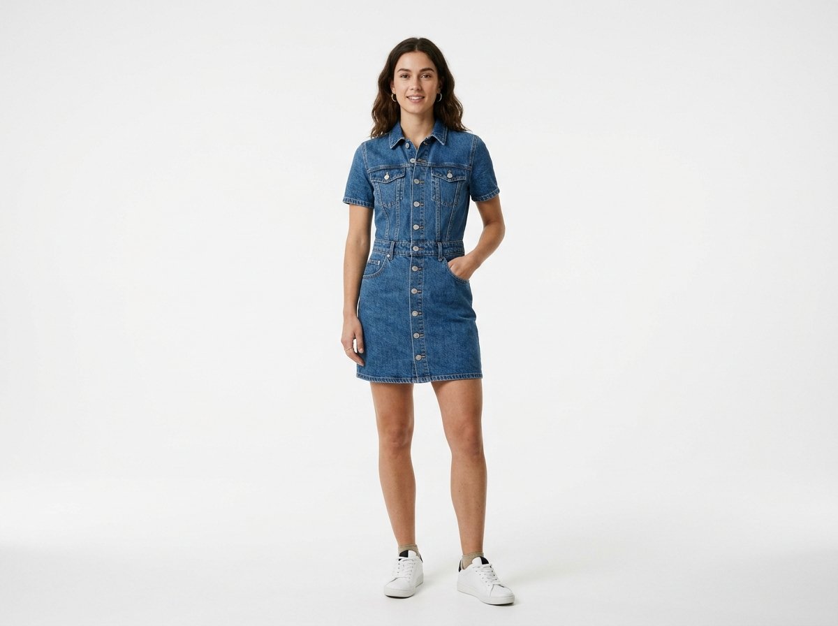 woman wearing denim dress standing 202608192321